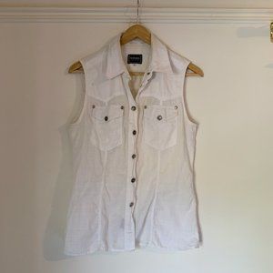 Rare 90s Versace Jeans Couture Sleeveless Top Silver Medusa Buttons Sheer White